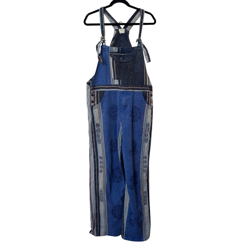 Ark Imports Women L Patchwork Overalls Blue Cotton Sun Mushroom Print Nepal Boho